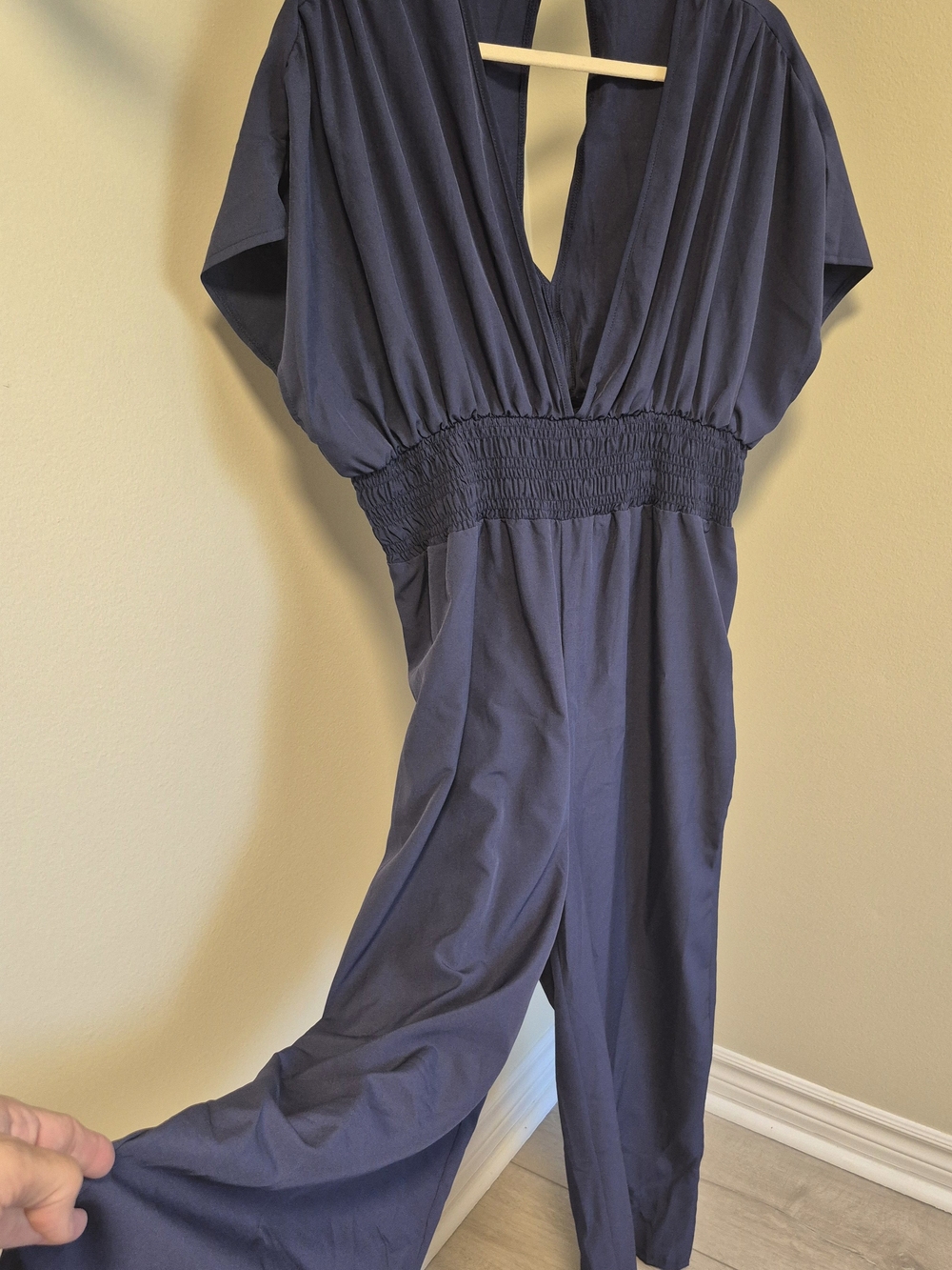 SHEIN Deep V Navy Jumpsuit with Smocked Waist